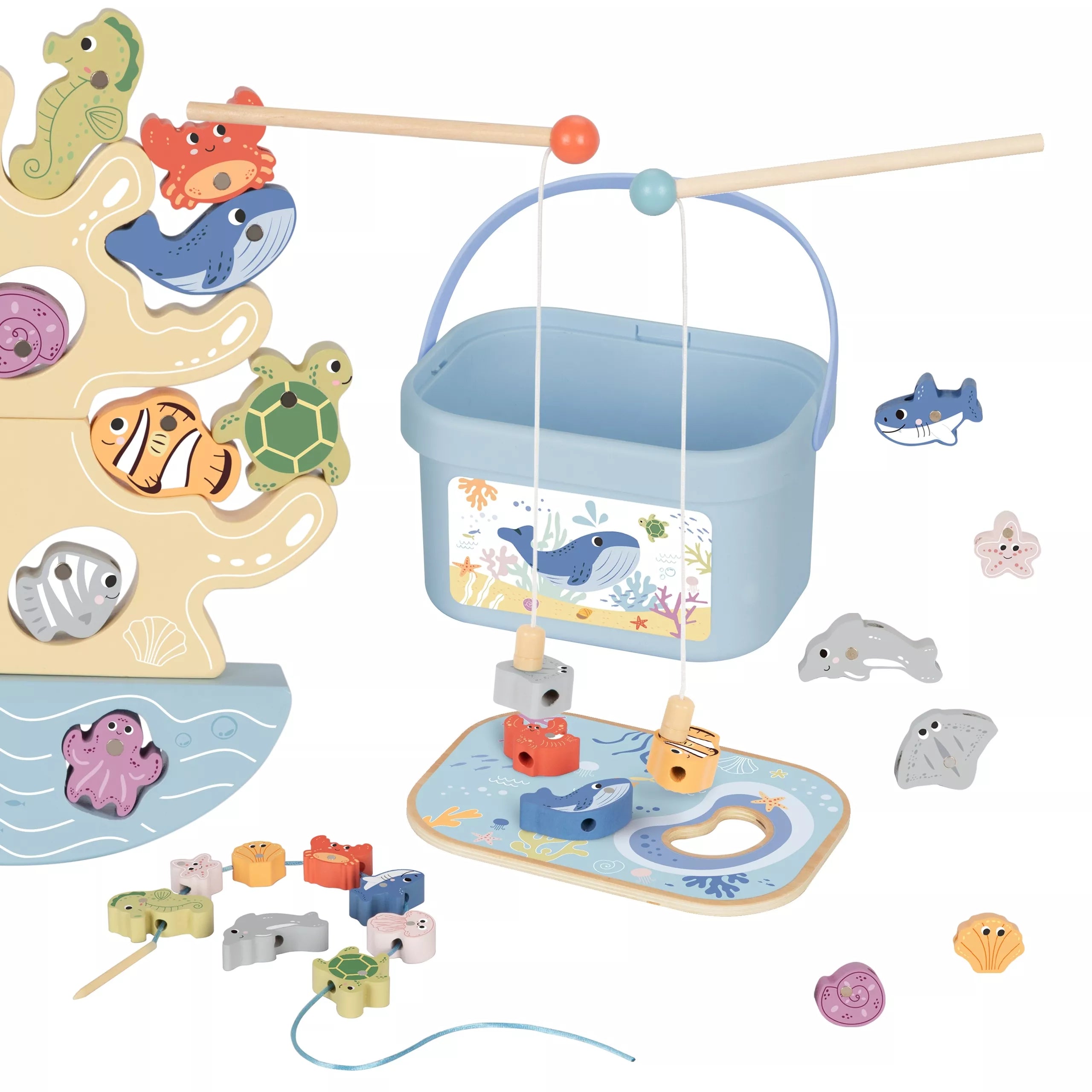 TOOKY ŽAISLAS Medinis jūrų žaislų rinkinys balansavimo bokšto žvejybos figūrėlės 23 vnt